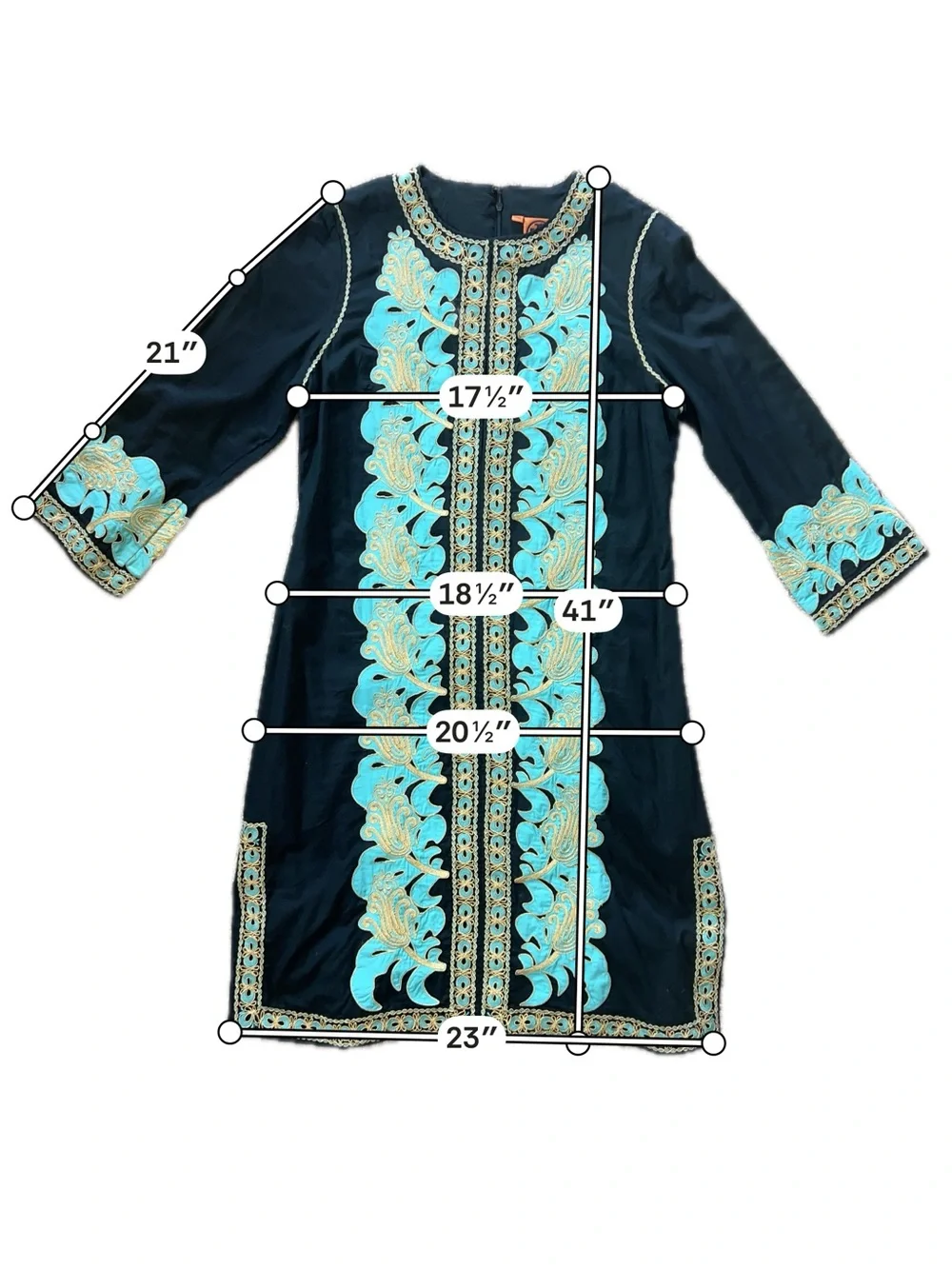 Tory Burch Black Cotton Embroidered Tunic Shift Dress Turquoise Gold Size 12